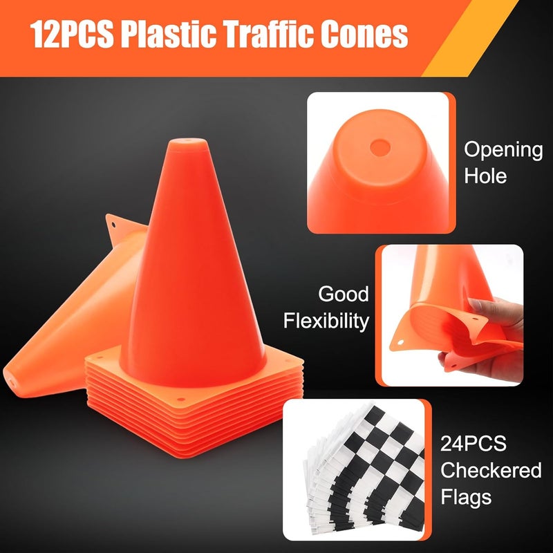 Anglekai 12+24 Traffic Cones and Racing Checkered Flags, 24 Checkered Flags with Sticks/ 12 Plastic Traffic Cones/ 9.8Ft Checkered Pennant Banner/ 6.56Ft Racetrack Floor Running Mat for Theme Party - Image 3